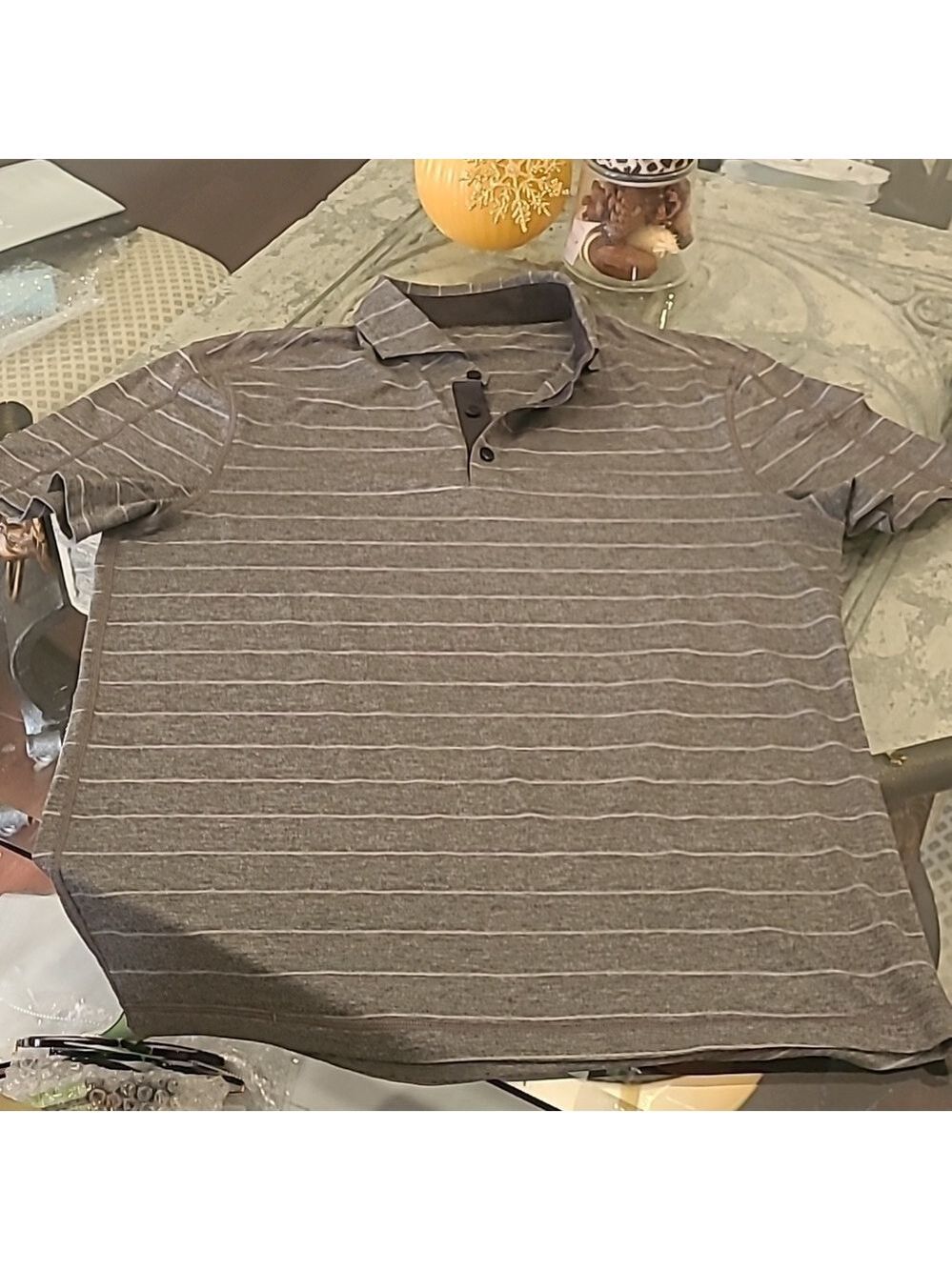 LULULEMON ATHLETICA MEN'S GRAY STRIPPED POLO GOLF SHIRT MEDIUM SIZE